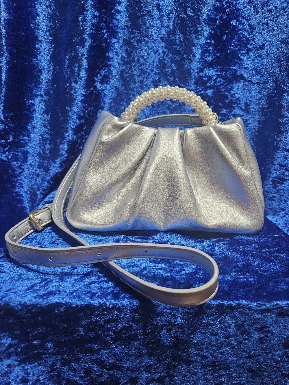 Pearl-Handle Metallic Silver Mini Bag with Removable Strap